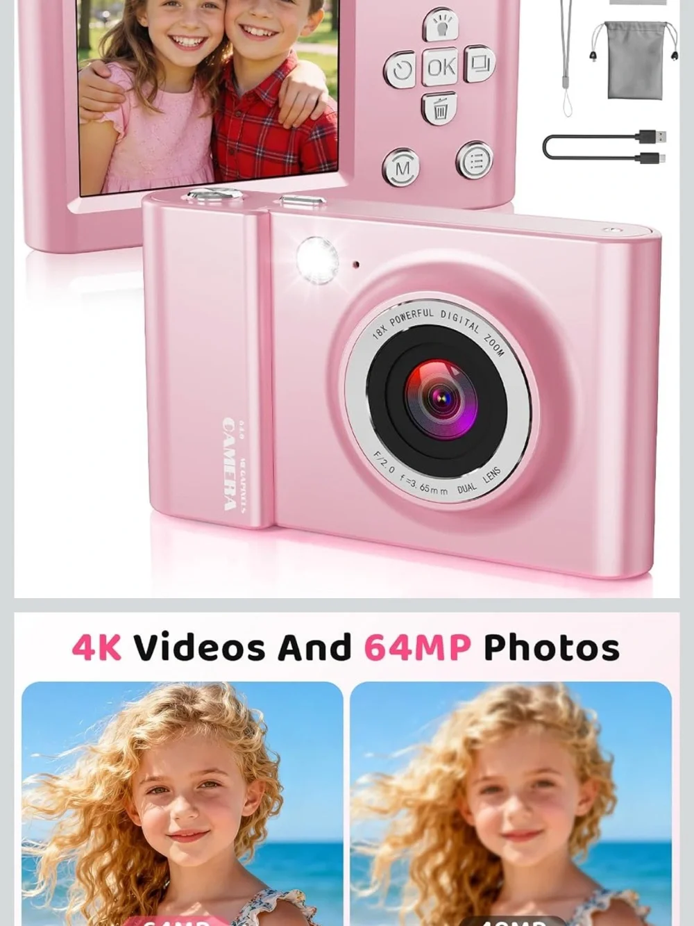 Pink Digital Kids Camera with 32GB SD Card - Compact Point & Shoot